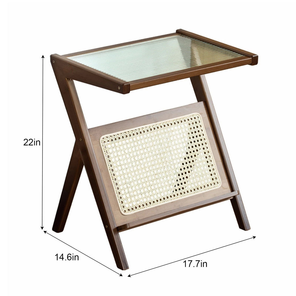 Boho Rattan Nightstand with Storage Drawer and Glass Top