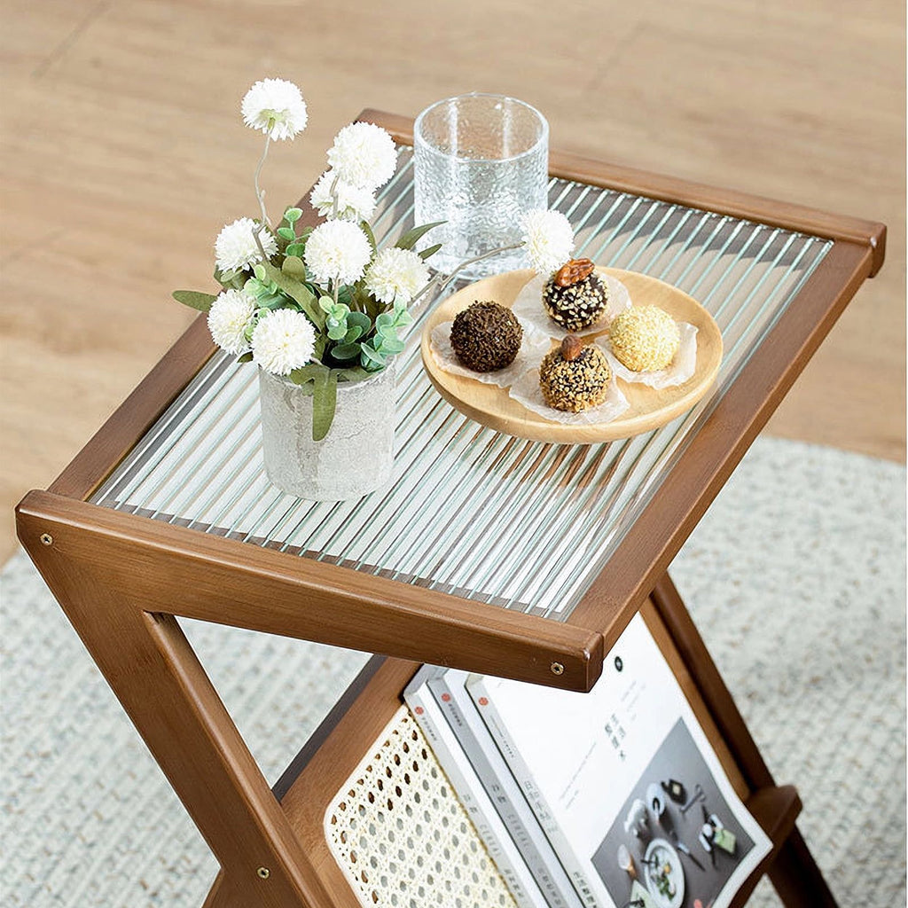 Boho Rattan Nightstand with Storage Drawer and Glass Top