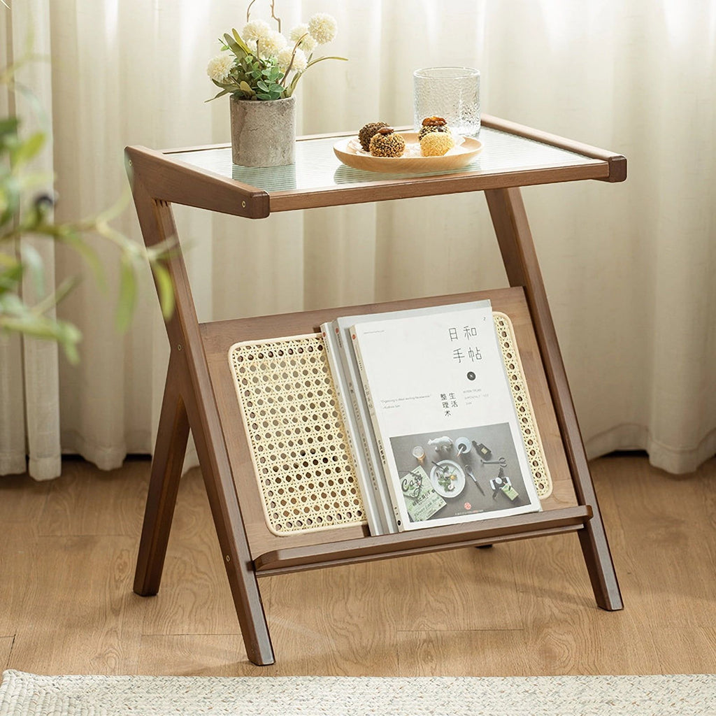 Boho Rattan Nightstand with Storage Drawer and Glass Top