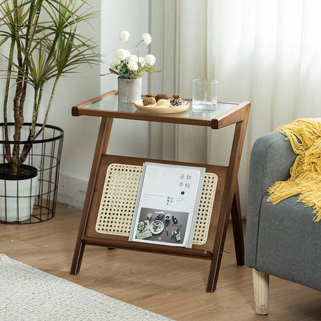 Boho Rattan Nightstand with Storage Drawer and Glass Top