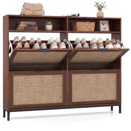 Boho Style Shoe Cabinet with 4 Flip Drawers and Open Shelves