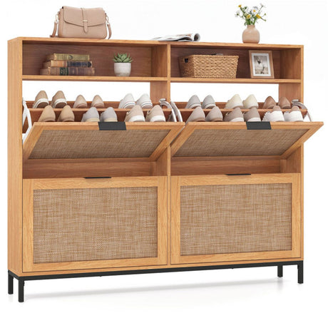 Boho Shoe Cabinet with 4 Flip Drawers and Open Shelves