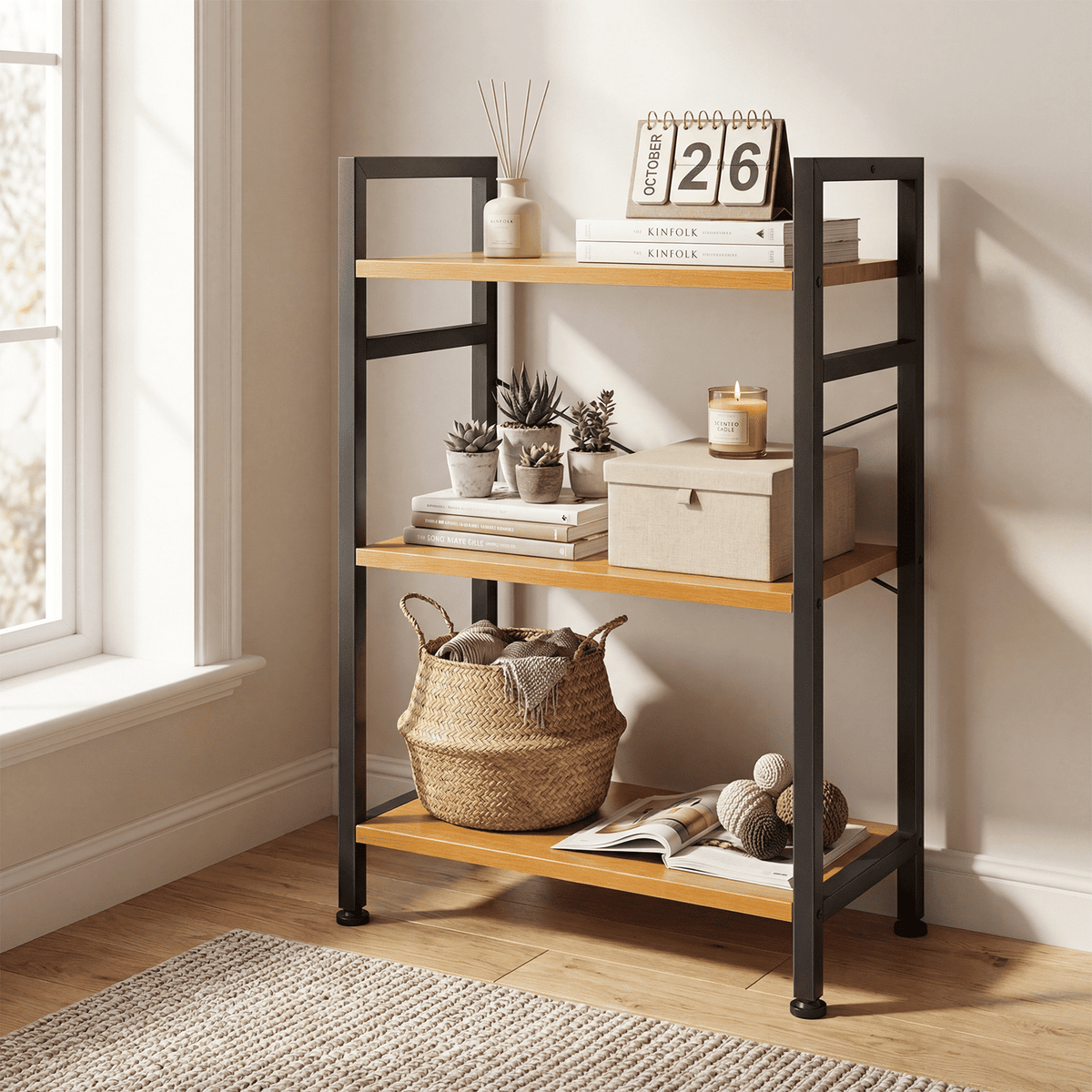 Compact Three-Tier Modern Industrial Bookcase