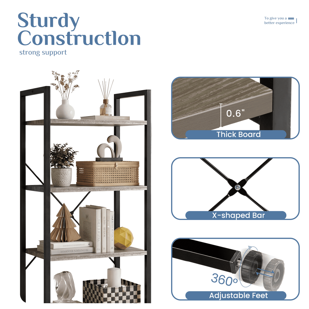 4-Tier Industrial Bookcase for Living Room and Home Office