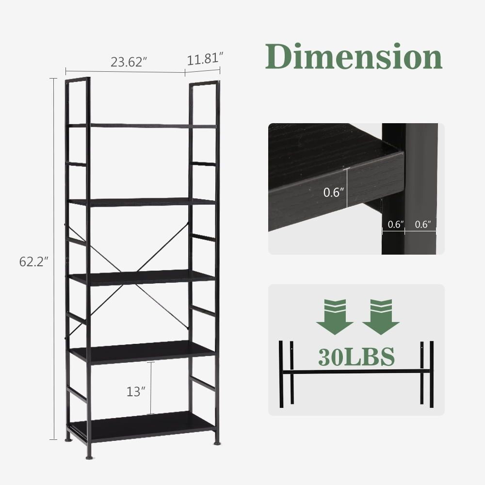 Bookcase, 5 Tier Book Shelf, Storage Shelf, Classic Modern Bookcase for CDs, Movies