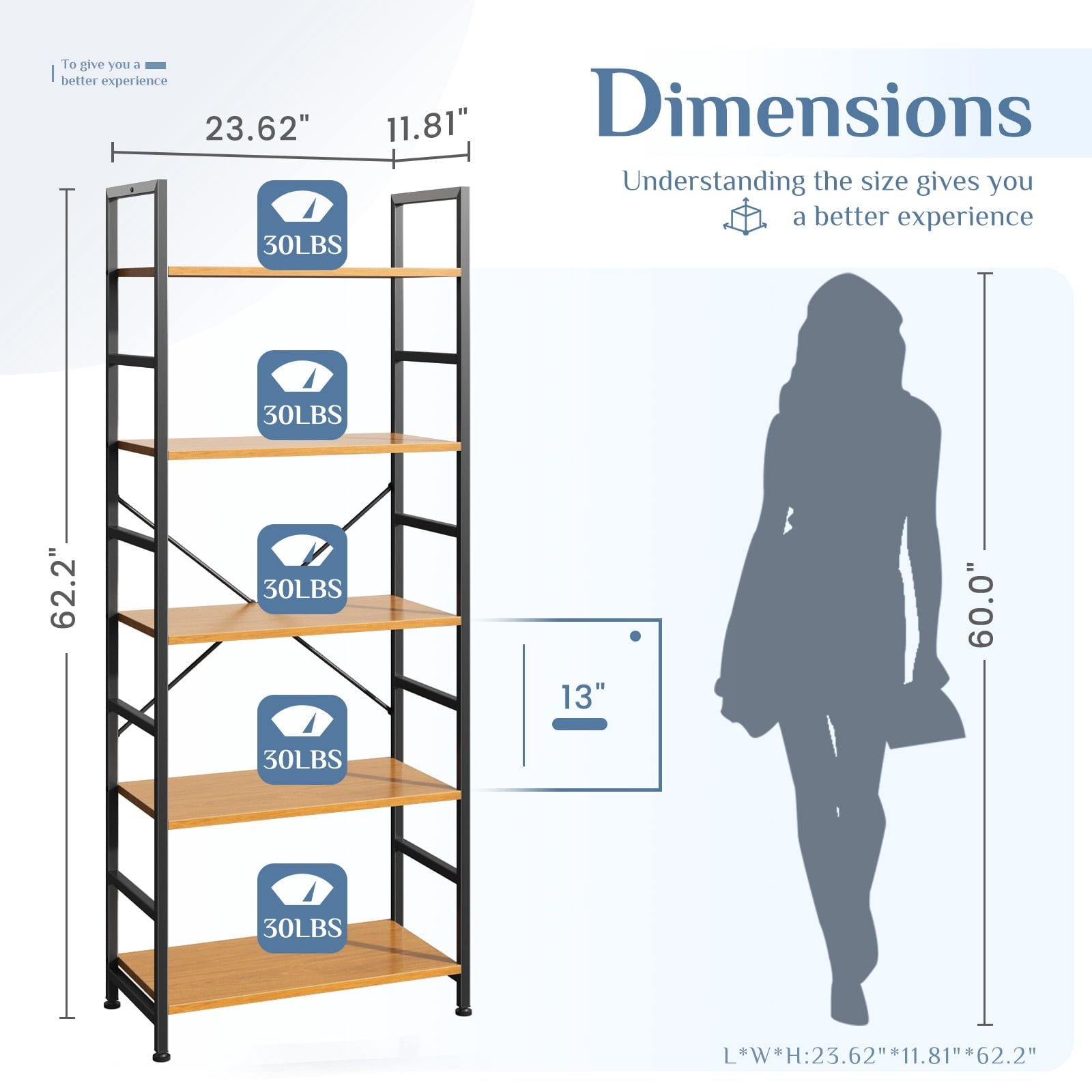 Bookcase, 5 Tier Book Shelf, Storage Shelf, Classic Modern Bookcase for CDs, Movies