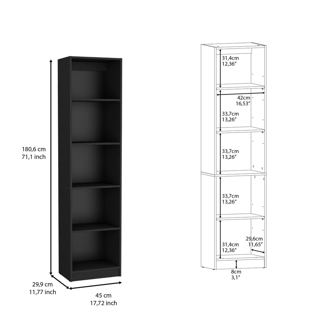 Compact Bookshelf with Five Shelves - Black