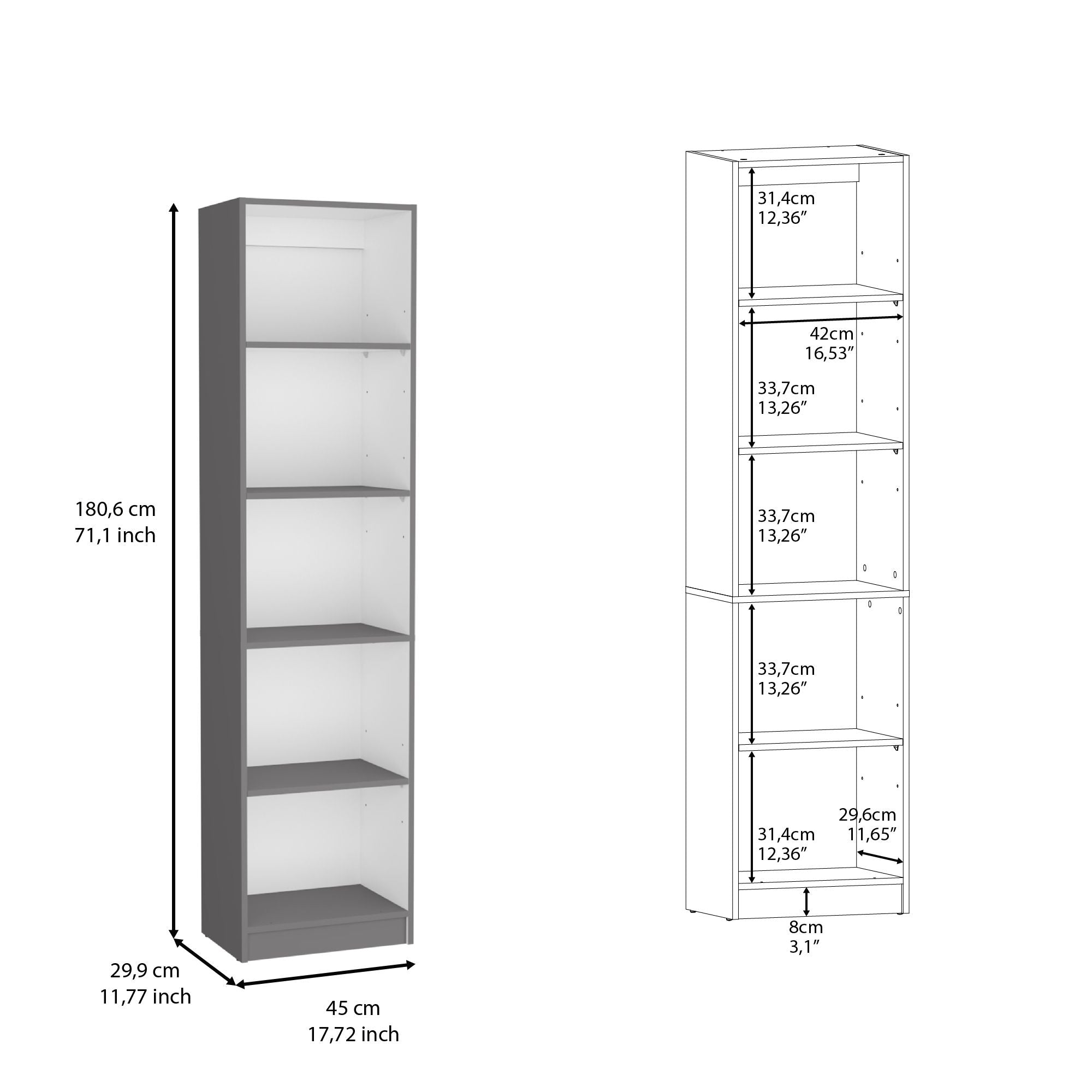 Compact Five-Shelf Bookcase in Matt Gray/White – Ideal for Small Spaces