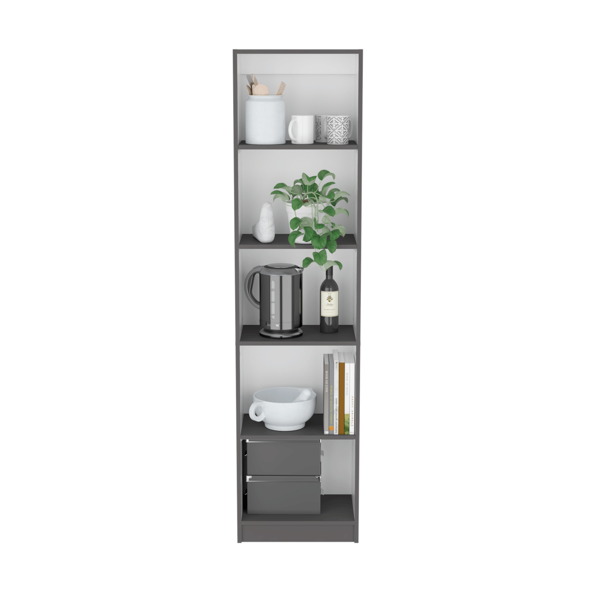 Compact Five-Shelf Bookcase in Matt Gray/White – Ideal for Small Spaces