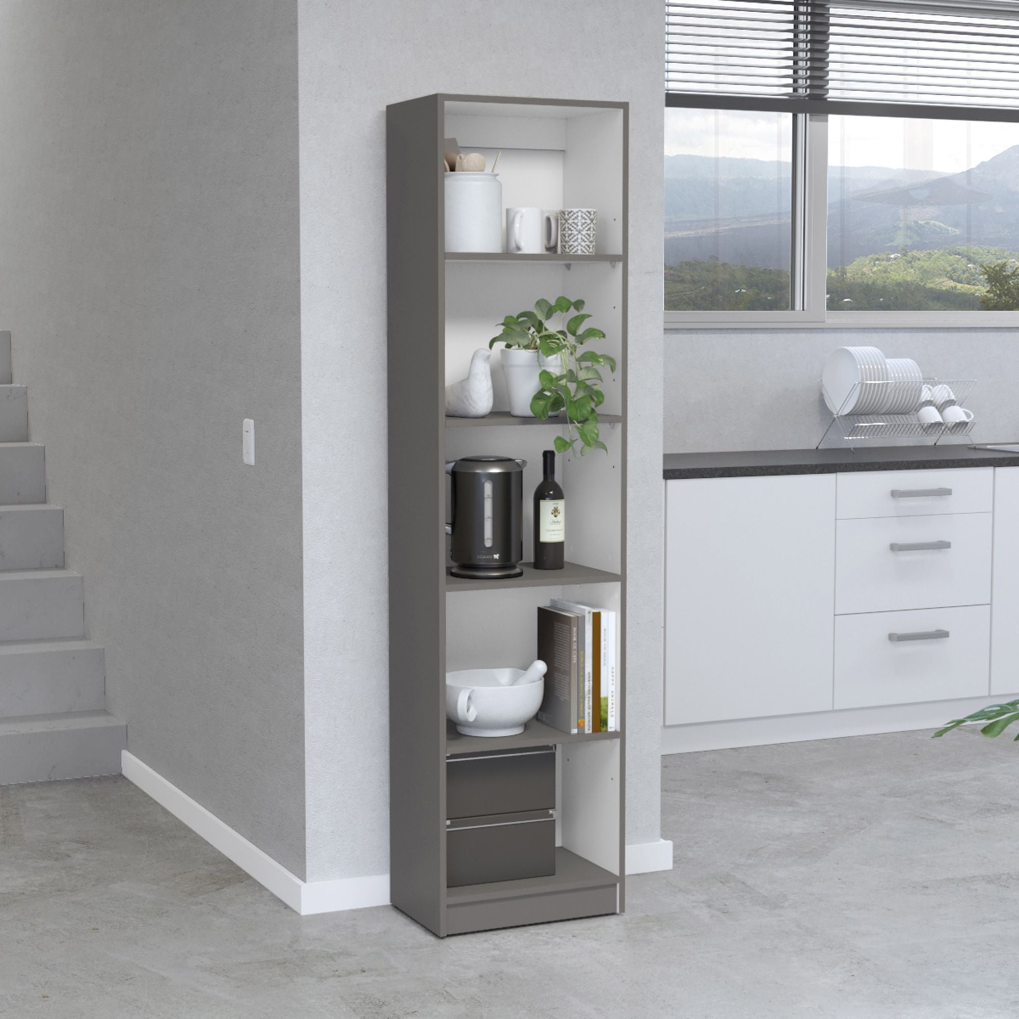 Compact Five-Shelf Bookcase in Matt Gray/White – Ideal for Small Spaces