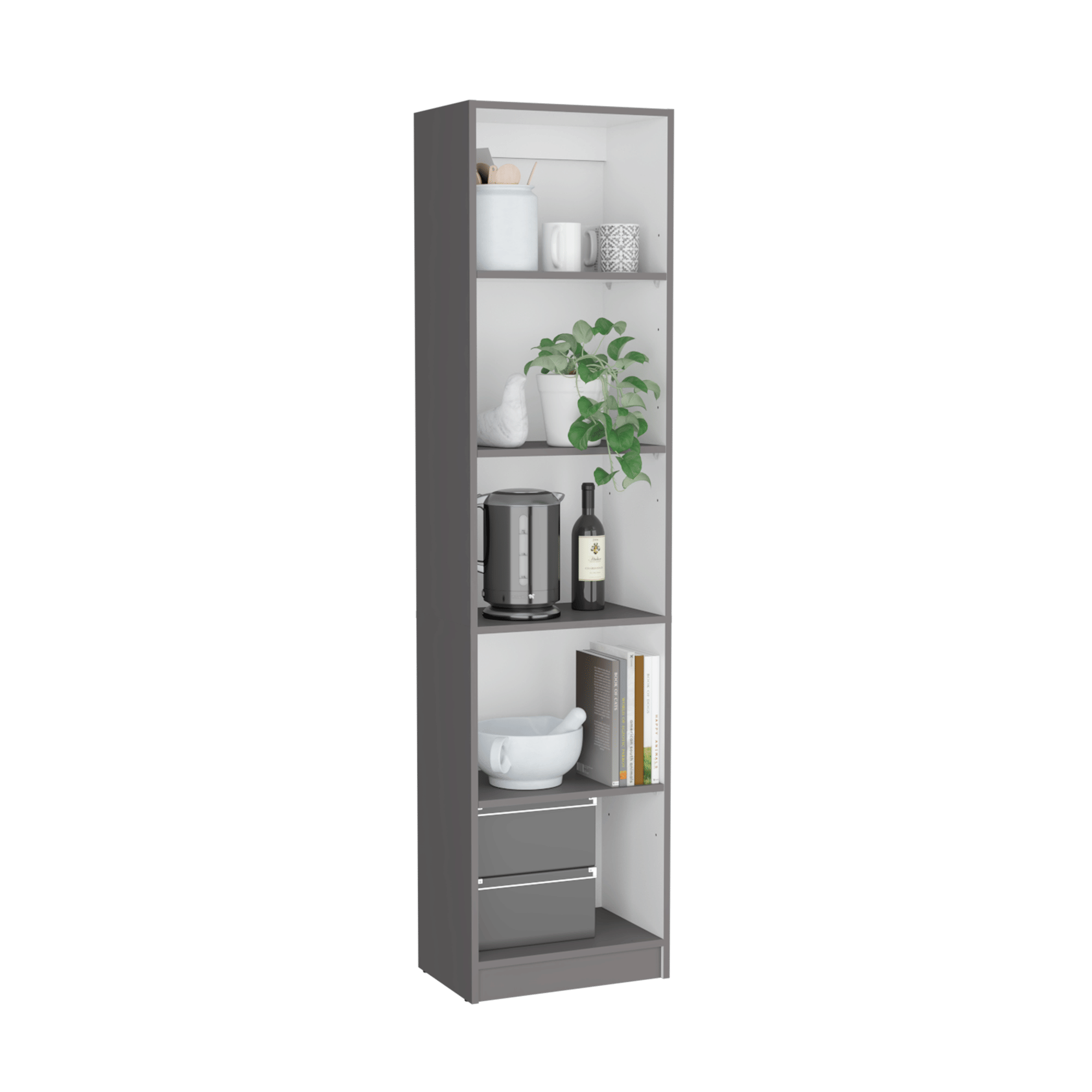 Compact Five-Shelf Bookcase in Matt Gray/White – Ideal for Small Spaces