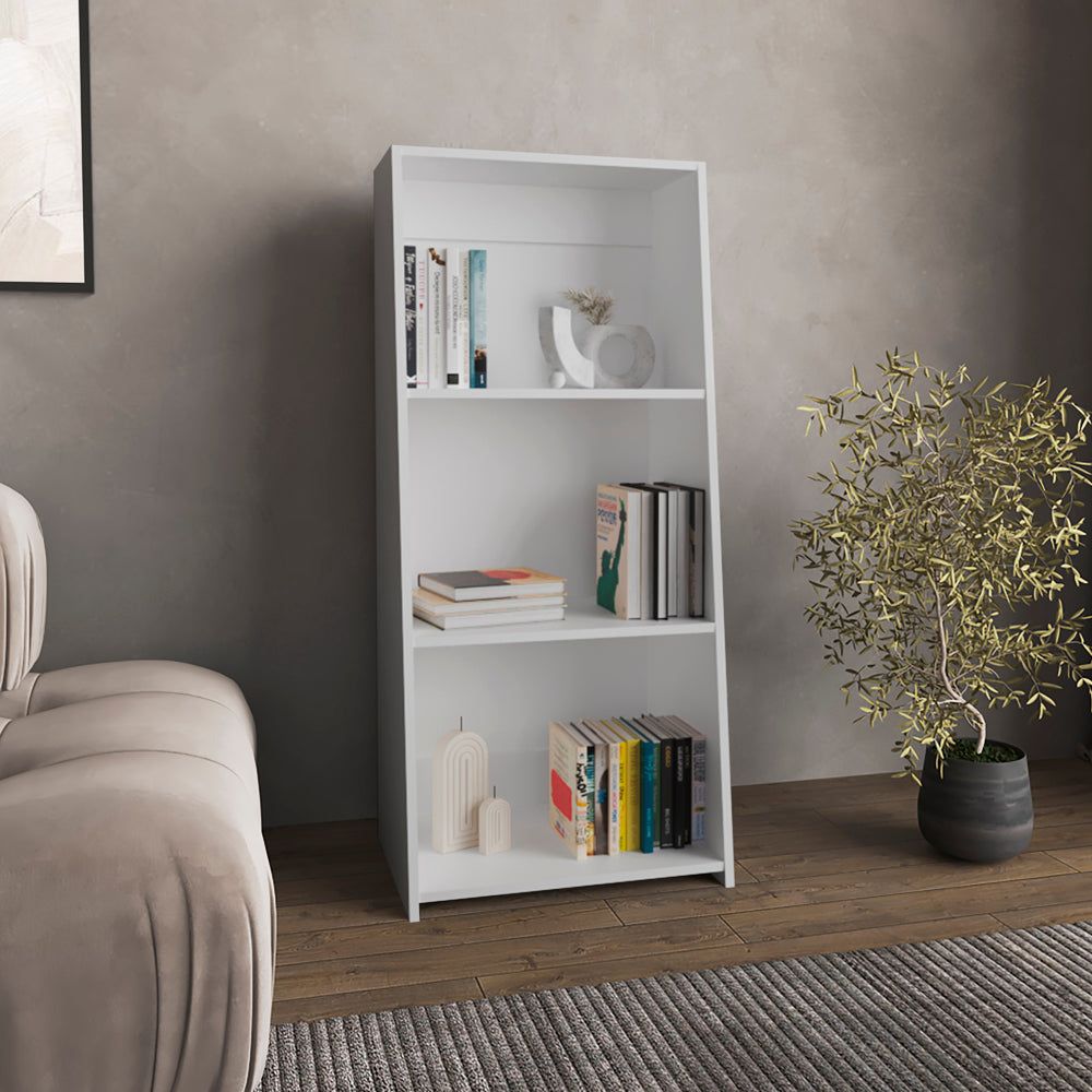 Sleek White Piney Bookcase with Three Spacious Shelves