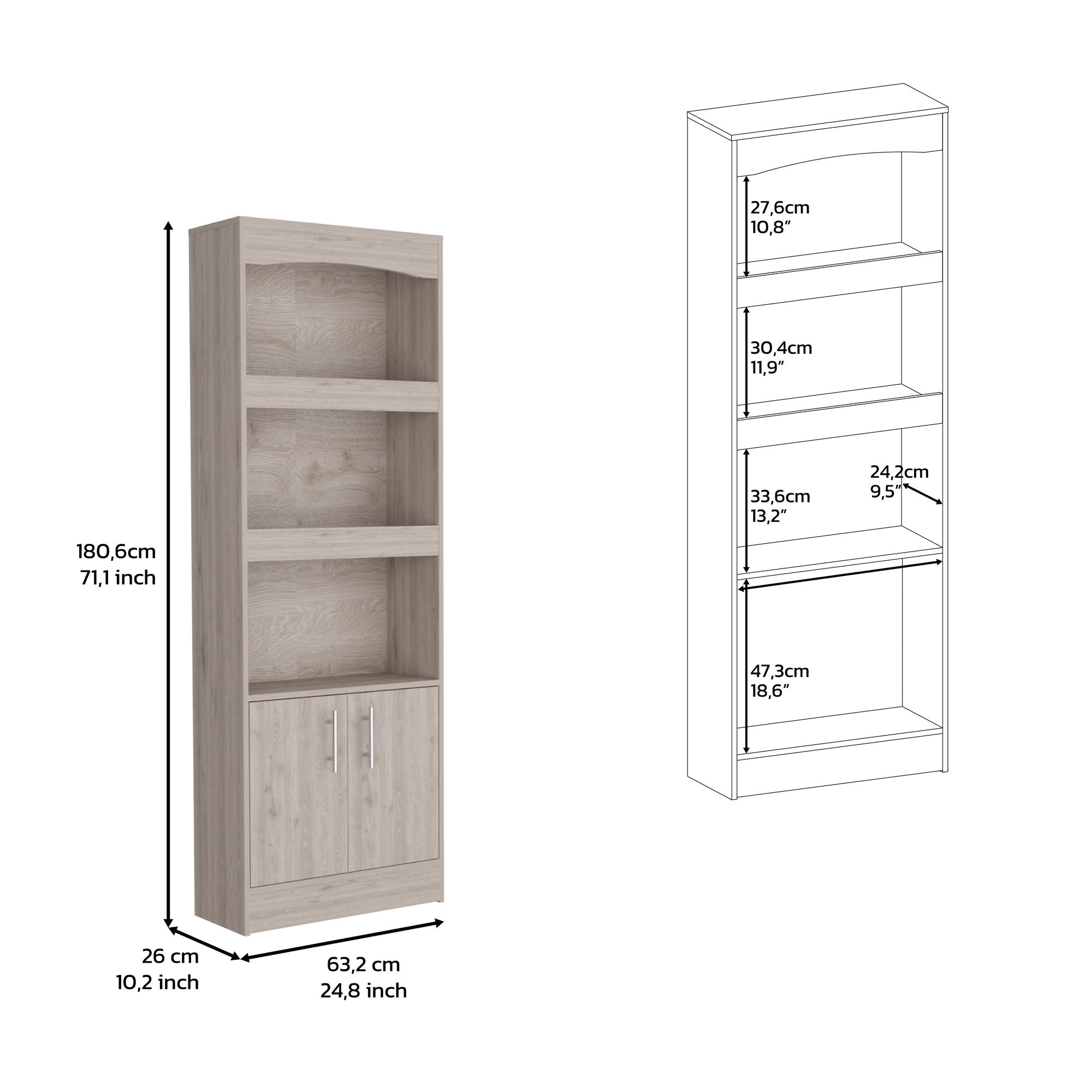 Dozza Bookcase with Three Shelves and Double Doors in Light Gray