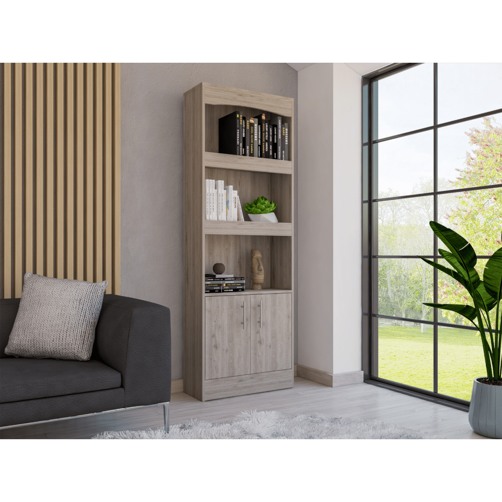 Dozza Bookcase with Three Shelves and Double Doors in Light Gray