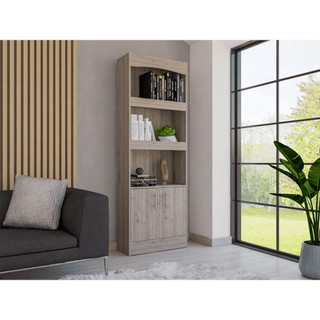 Dozza Bookcase with Three Shelves and Double Doors in Light Gray