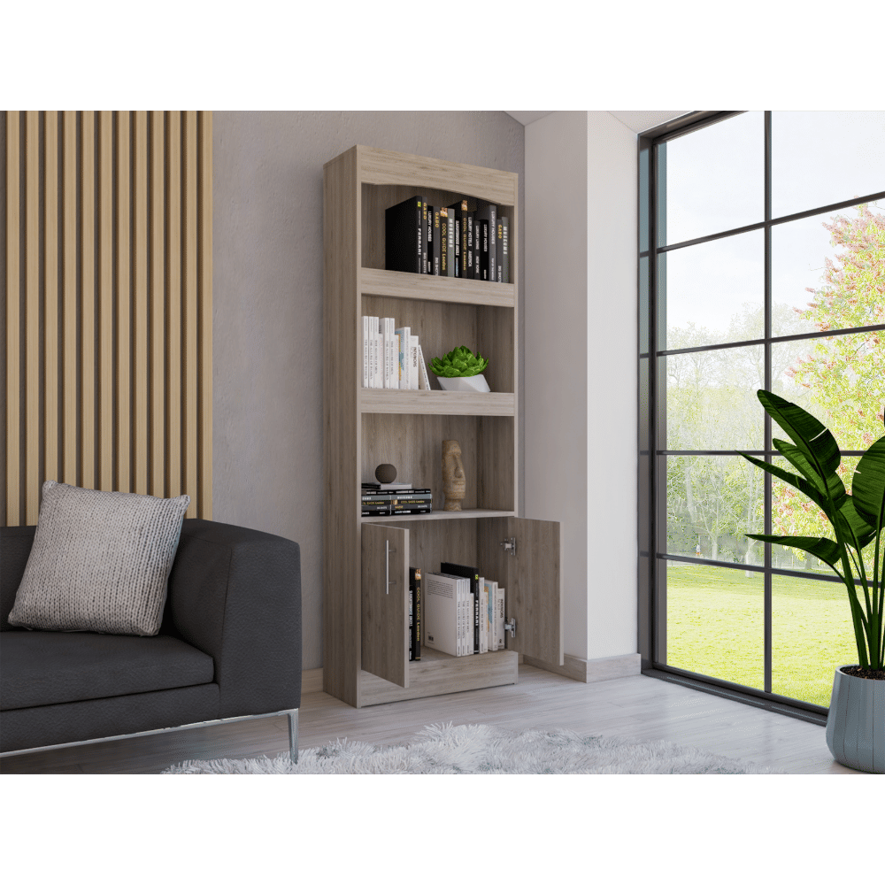 Dozza Bookcase with Three Shelves and Double Doors in Light Gray
