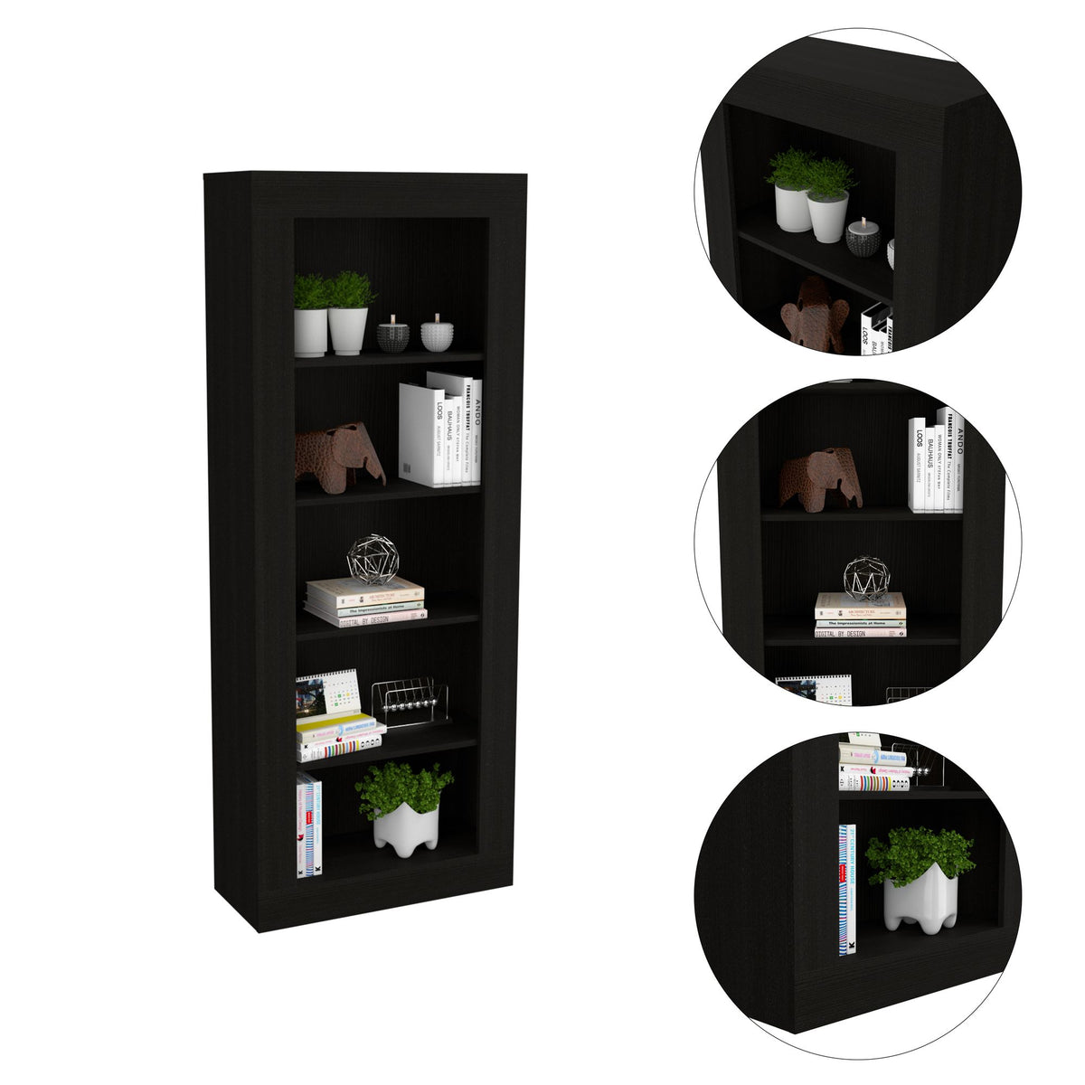 5-Shelf Bookcase with Sleek Vertical Design - Black