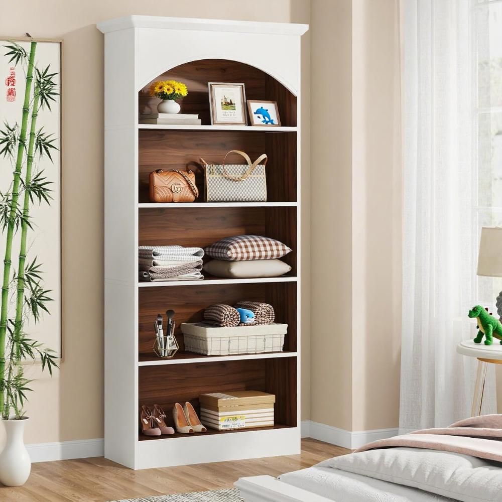 Modern Five-Tier White and Oak Bookcase