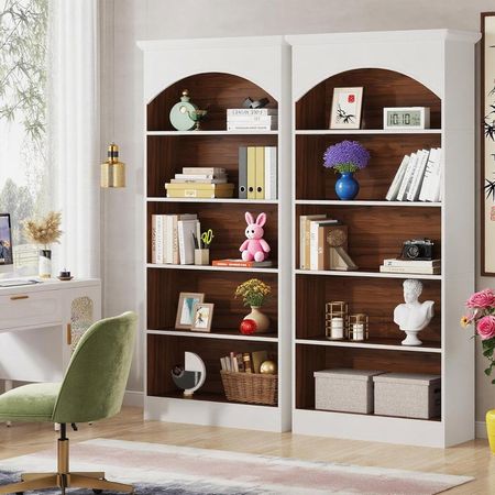 Modern Five-Tier White and Oak Bookcase