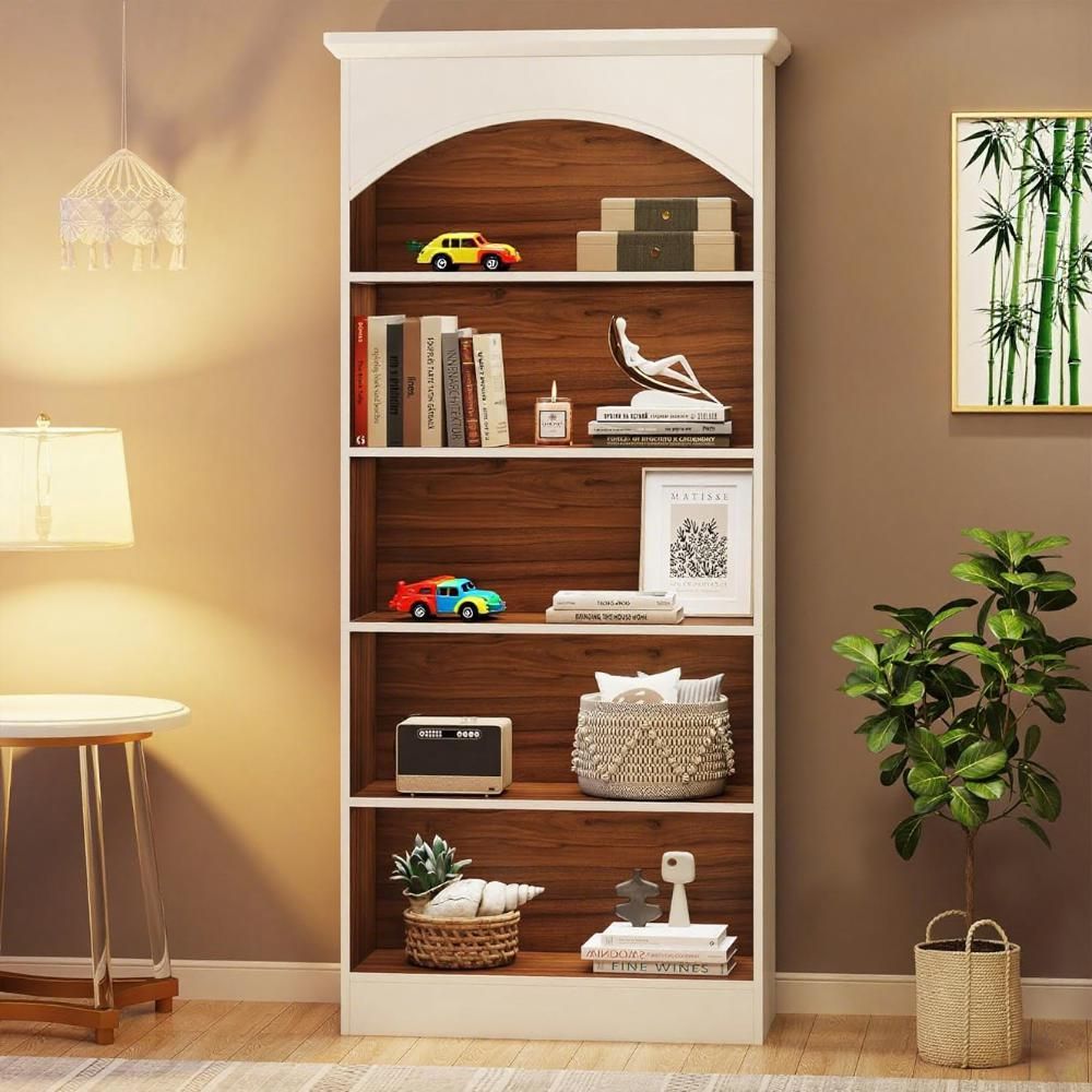 Modern Five-Tier White and Oak Bookcase