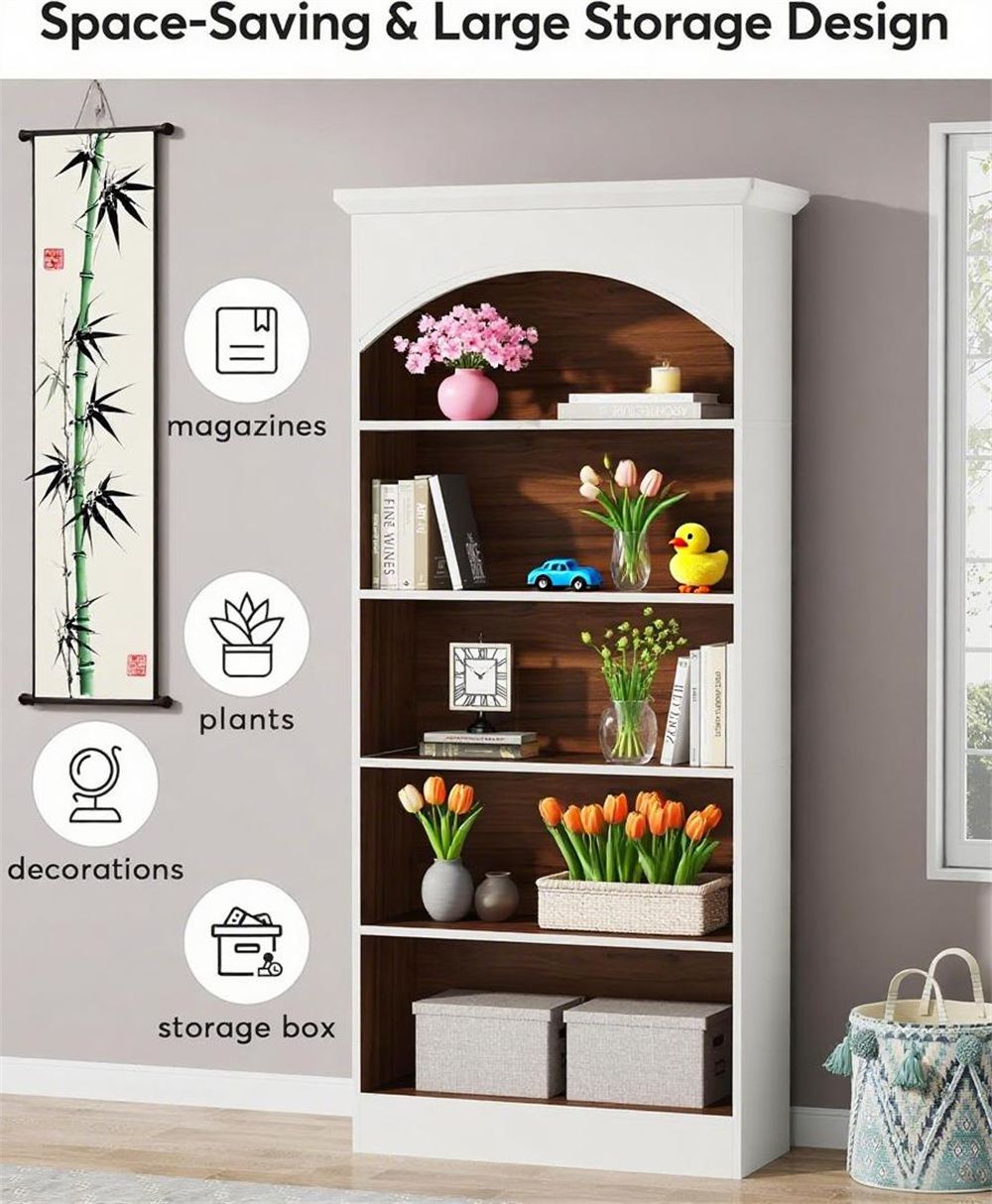 Modern Five-Tier White and Oak Bookcase