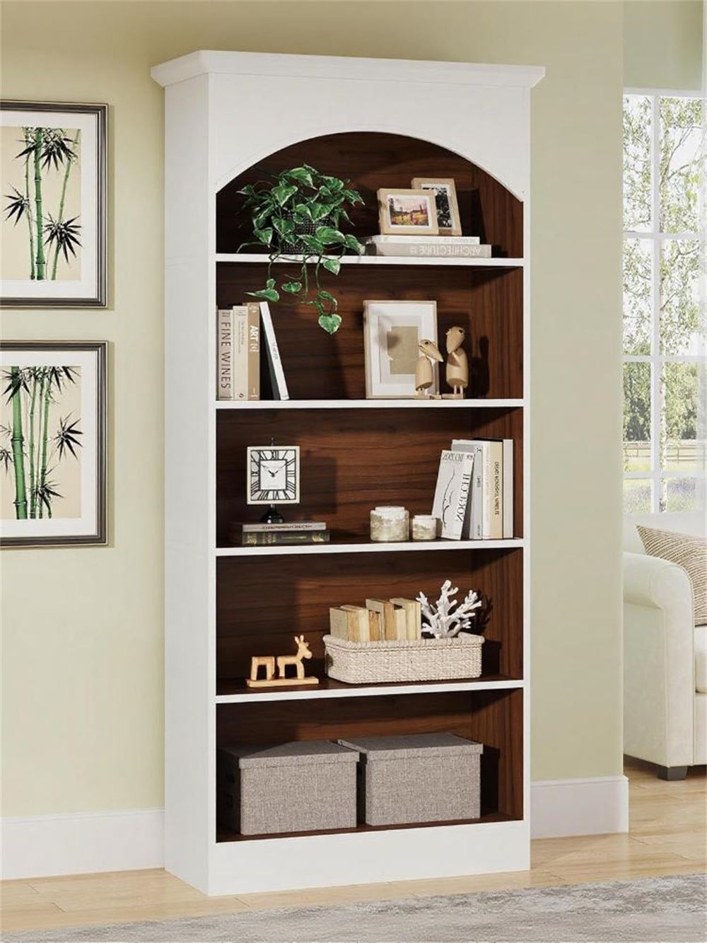 Modern Five-Tier White and Oak Bookcase