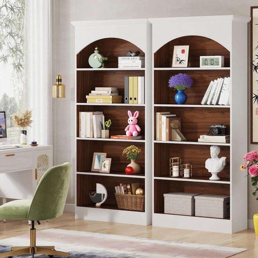 Modern Five-Tier White and Oak Bookcase