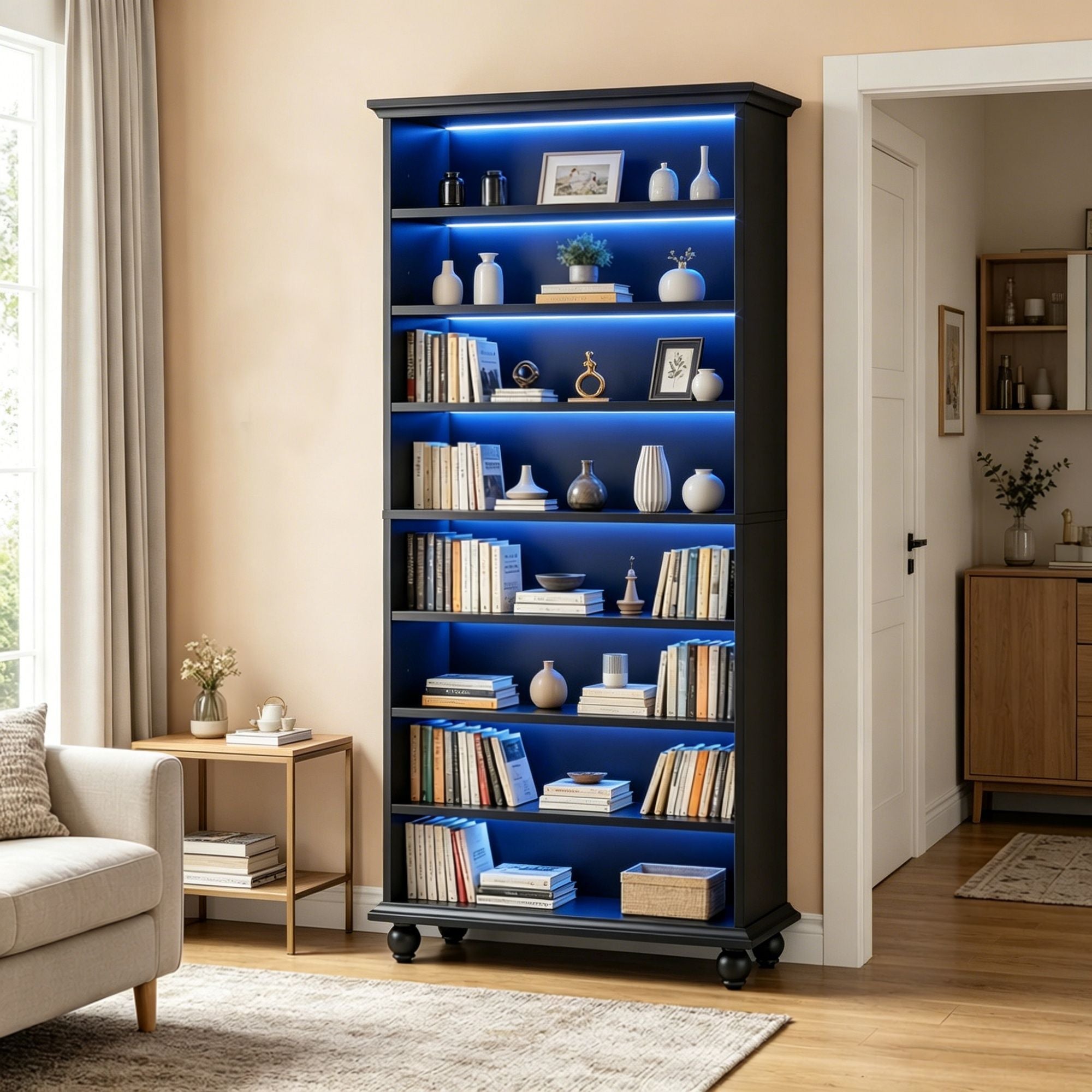9-Layer Lighted Bookshelf with Adjustable Shelves
