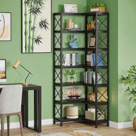 7-Tier Corner Bookshelf with Rustic Matte Black Frame