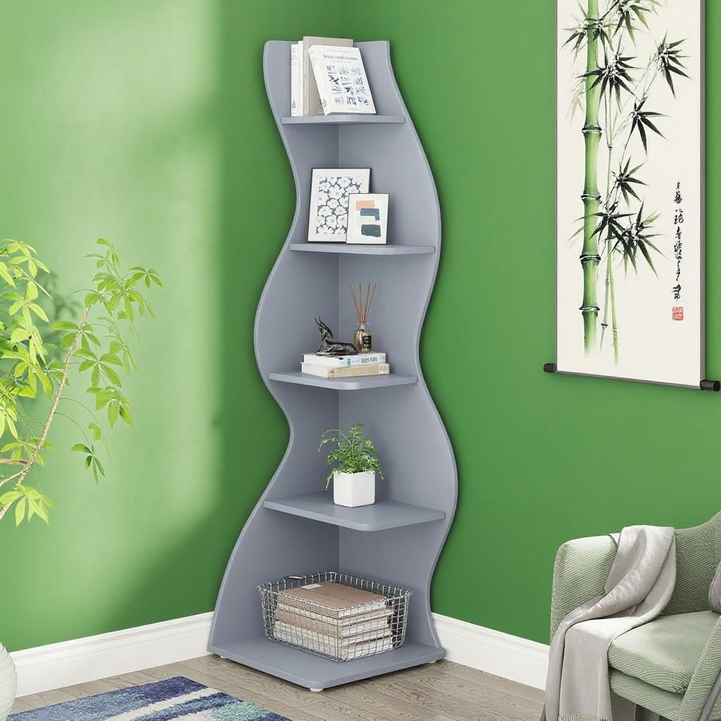 Modern 5-Tier White Shelving Unit with Sea Grass Design, Adjustable Shelves
