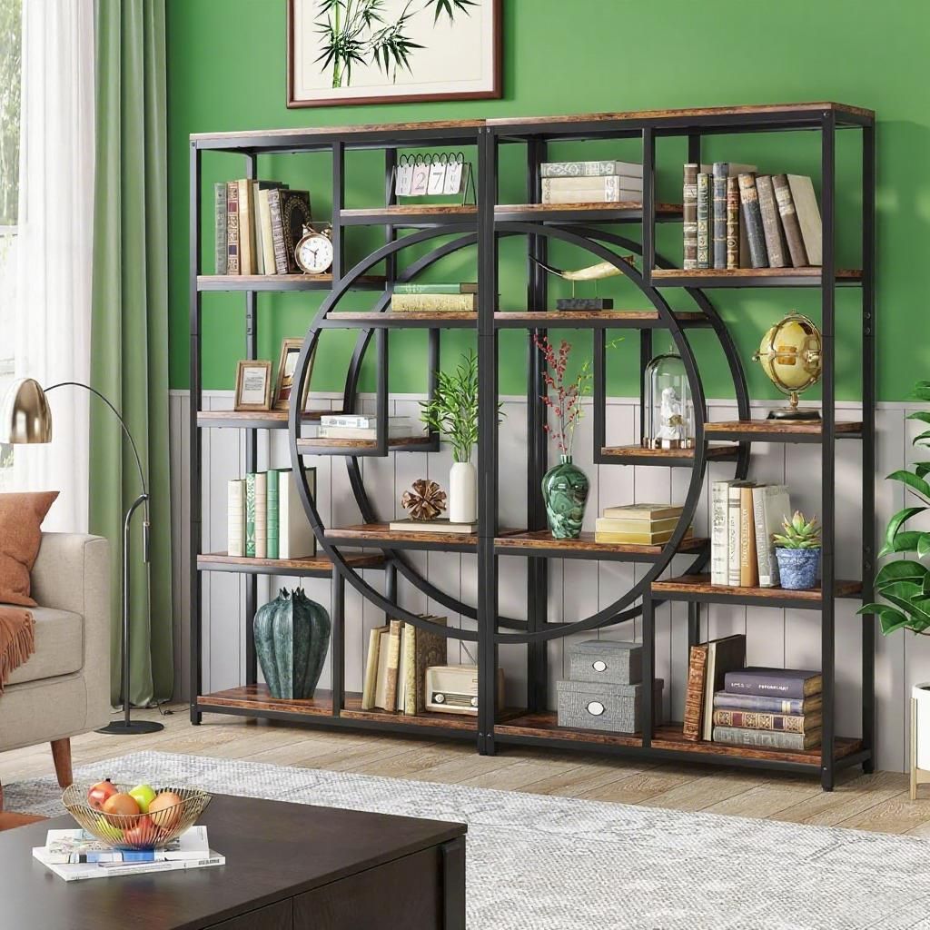 Elegant Geometric Bookshelf with Half-Moon Silhouette, Black and Rustic Brown, 9 Open Shelves