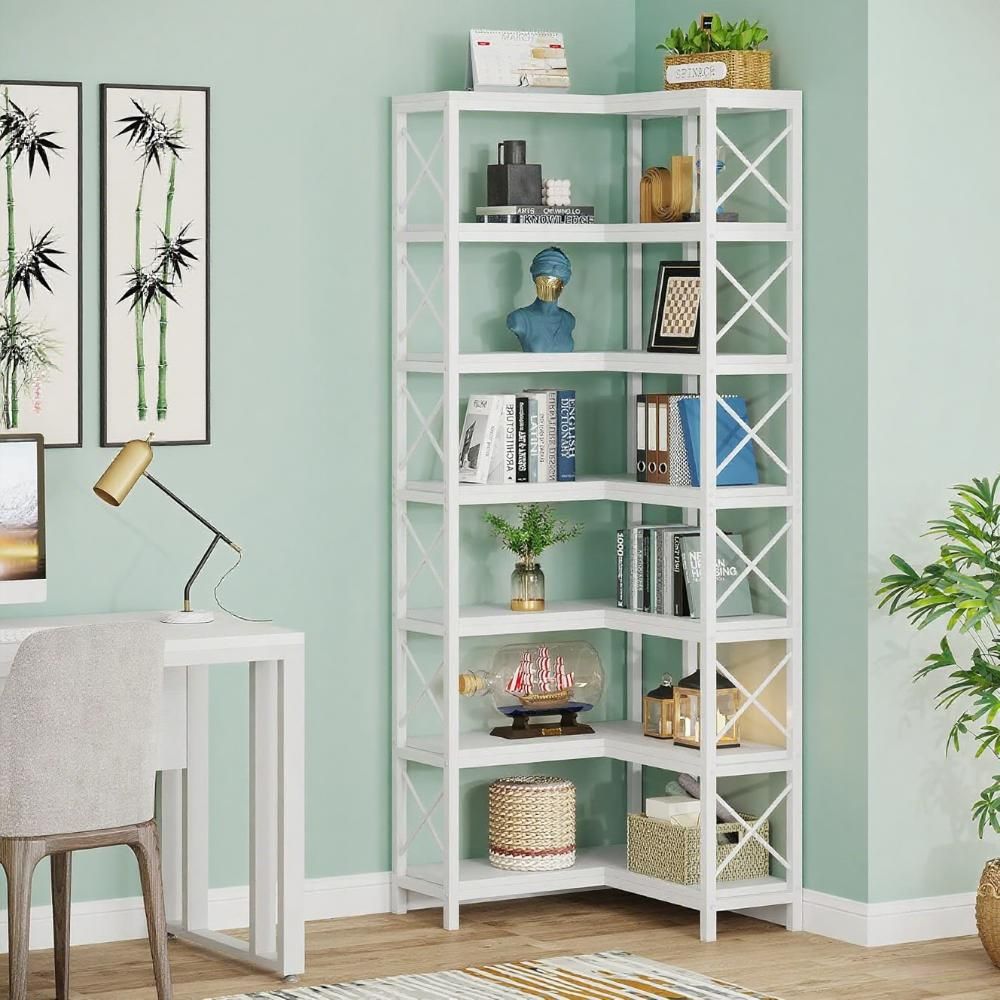 Industrial Corner Bookshelf with Open Display Shelves
