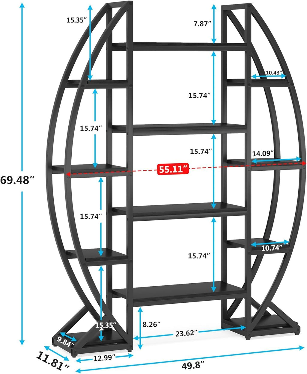 12-Shelf Half-Moon Bookshelf for Versatile Display