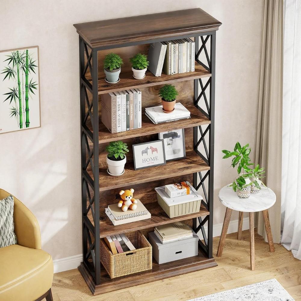 Industrial Five-Tier X-Frame Bookcase