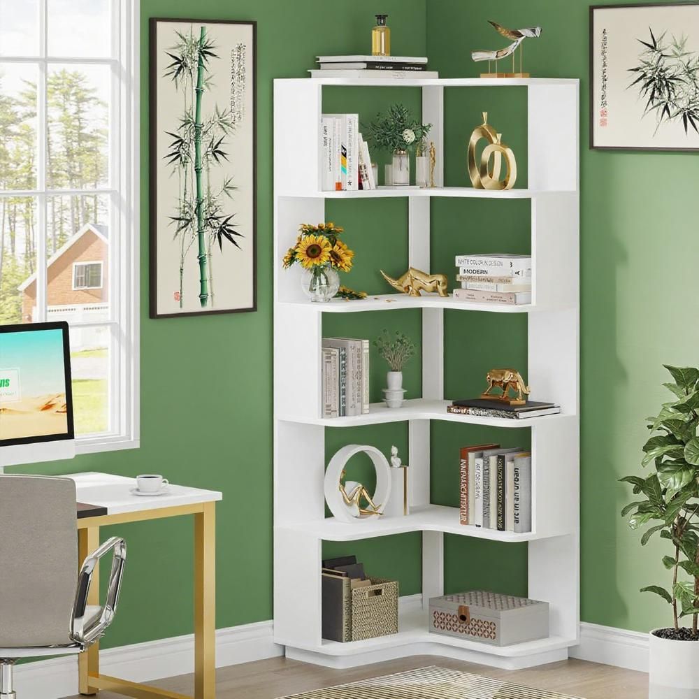 L-Shaped Corner Bookshelf with Anti-Falling Baffle - 6-Tier Modern Bookcase