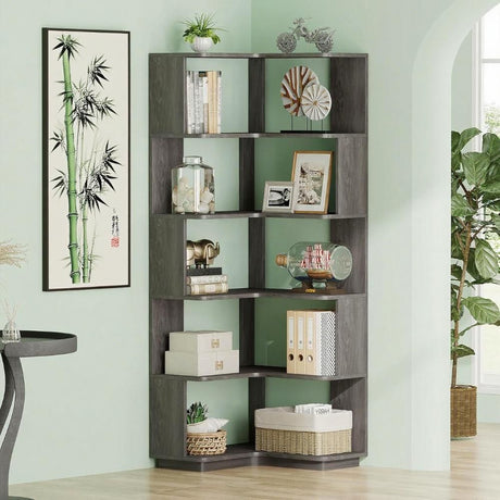 L-Shaped Corner Bookshelf with 6 Open Tiers – Industrial Style for Home Office