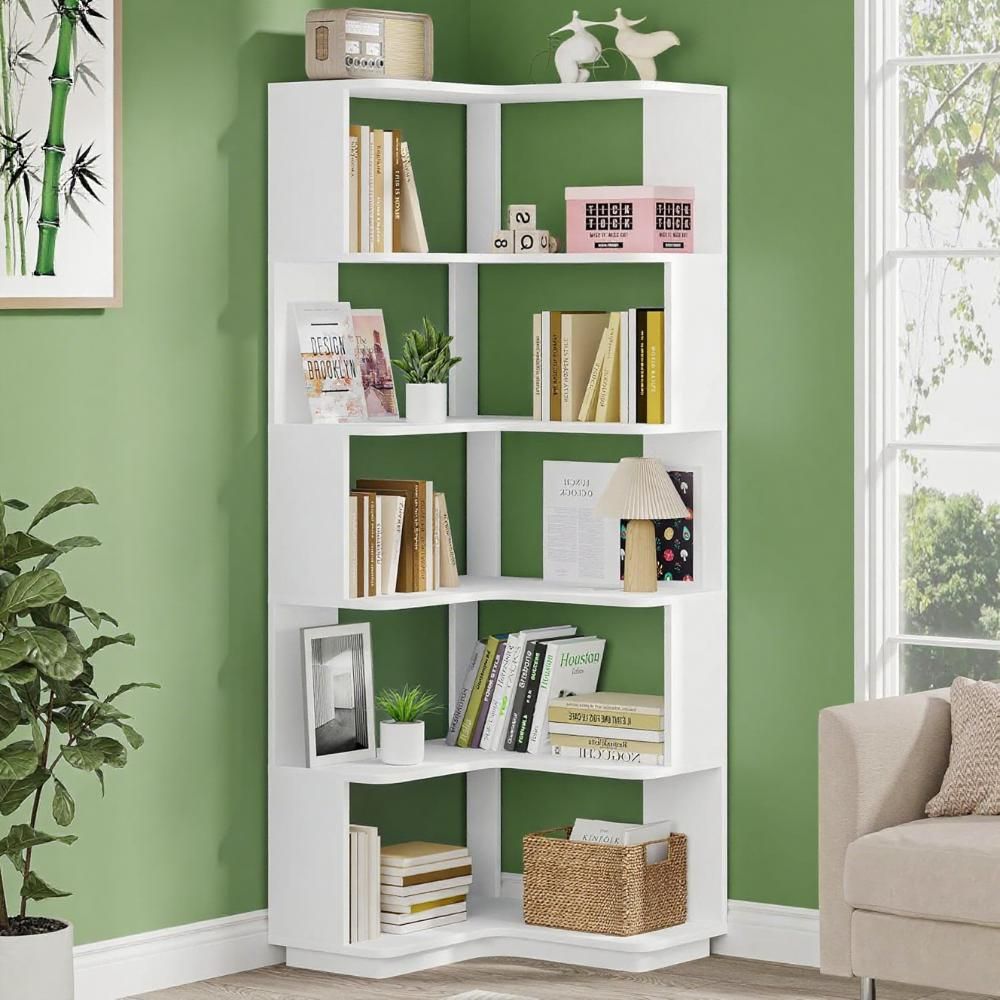 L-Shaped Corner Bookshelf with Anti-Falling Baffle - 6-Tier Modern Bookcase