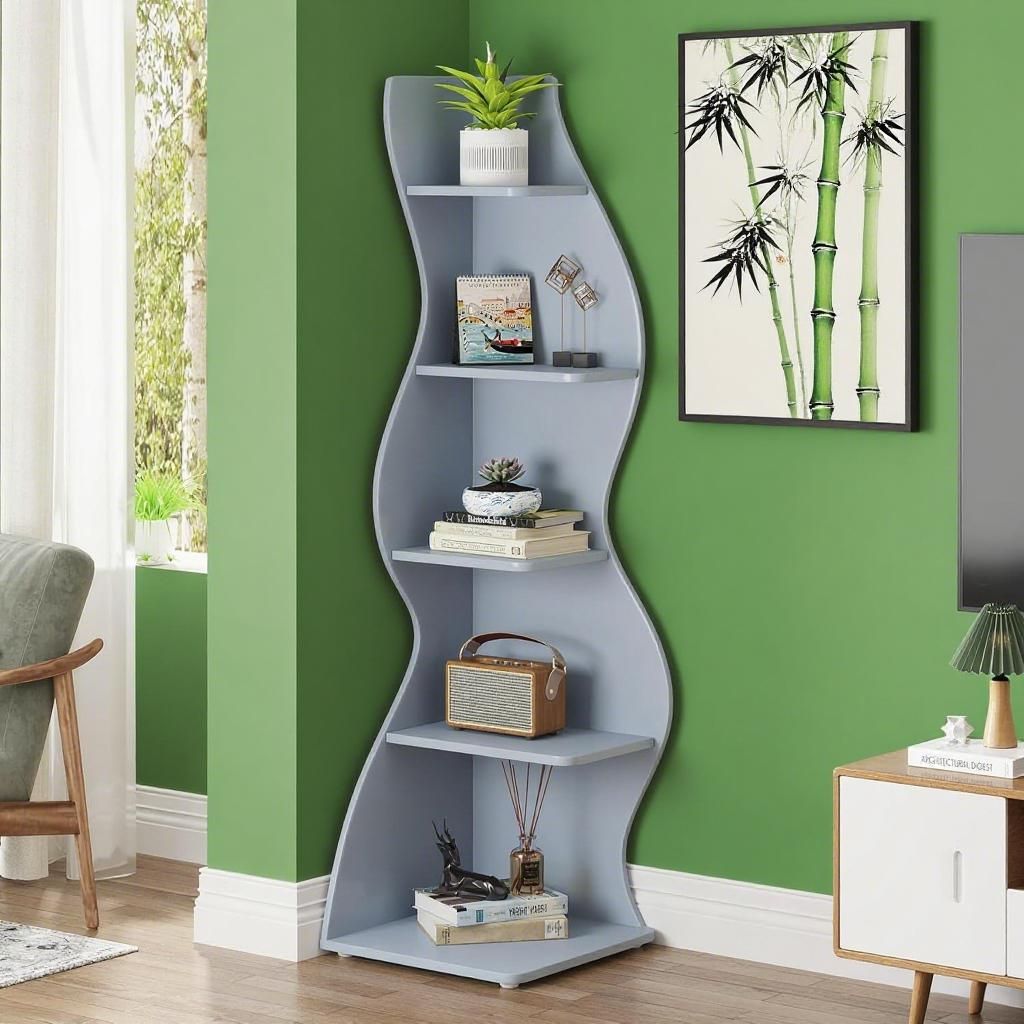 Modern 5-Tier White Shelving Unit with Sea Grass Design, Adjustable Shelves
