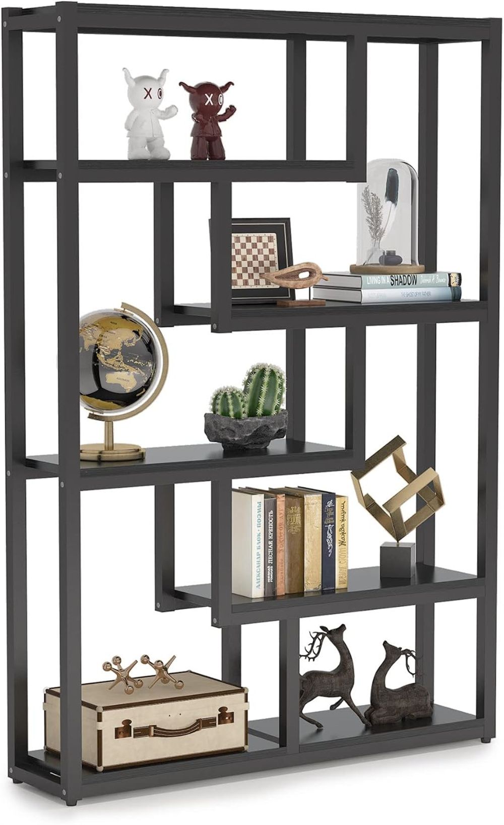Industrial 6-Tier Bookshelf with Dark Walnut Shelves and Black Steel Frame