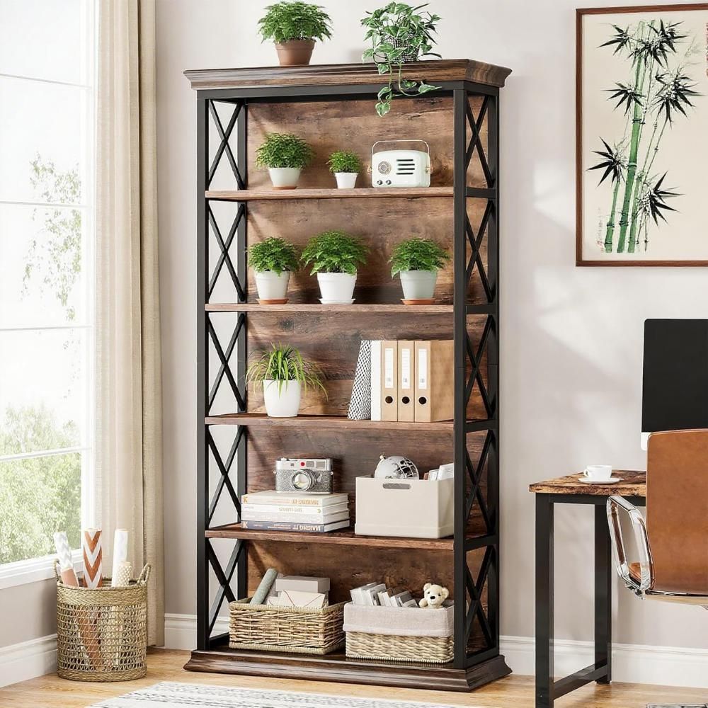 Industrial Five-Tier X-Frame Bookcase