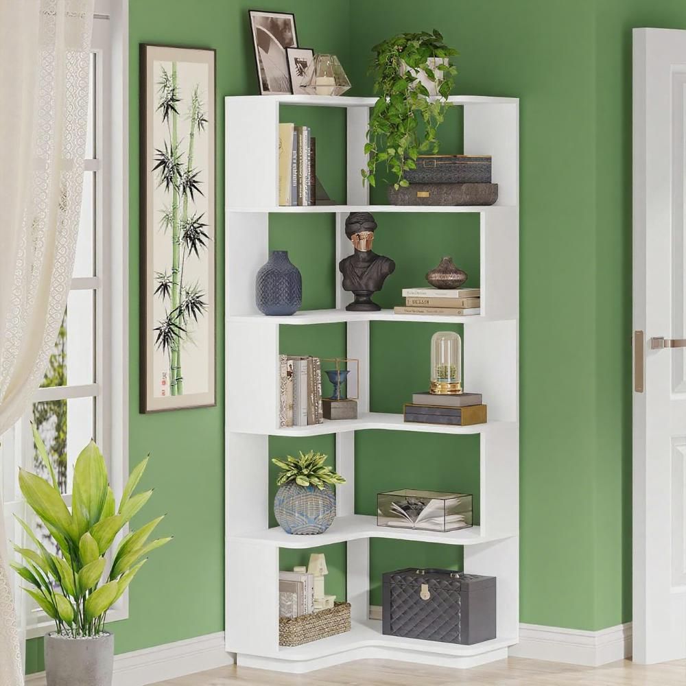 L-Shaped Corner Bookshelf with Anti-Falling Baffle - 6-Tier Modern Bookcase