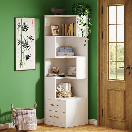 L-Shaped Corner Bookcase with Five Shelves and Two Drawers