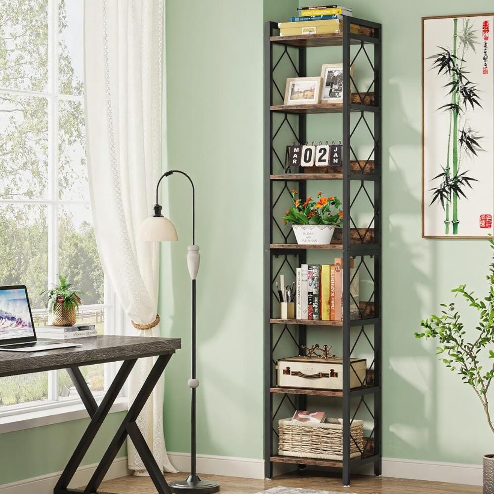 Tall Corner Bookshelf with 7 Tiers and Anti-Falling Baffle