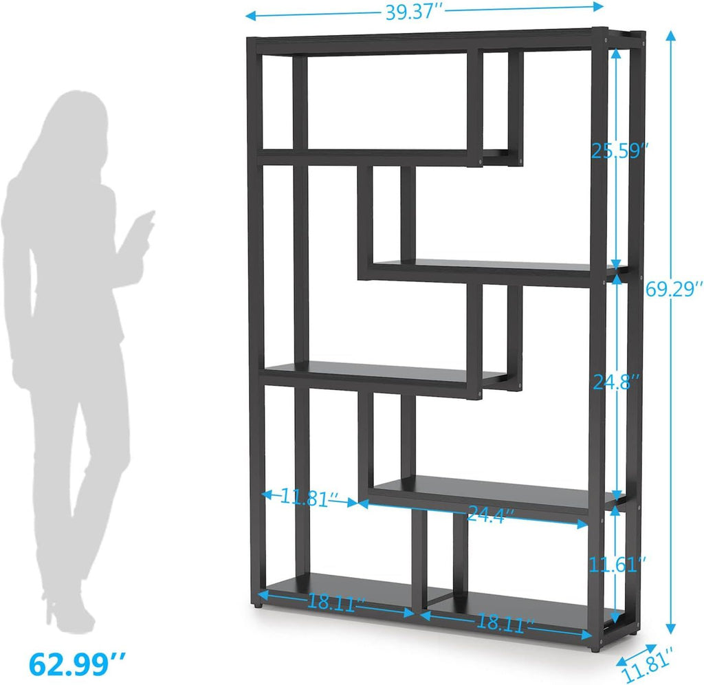 Industrial 6-Tier Bookshelf with Dark Walnut Shelves and Black Steel Frame