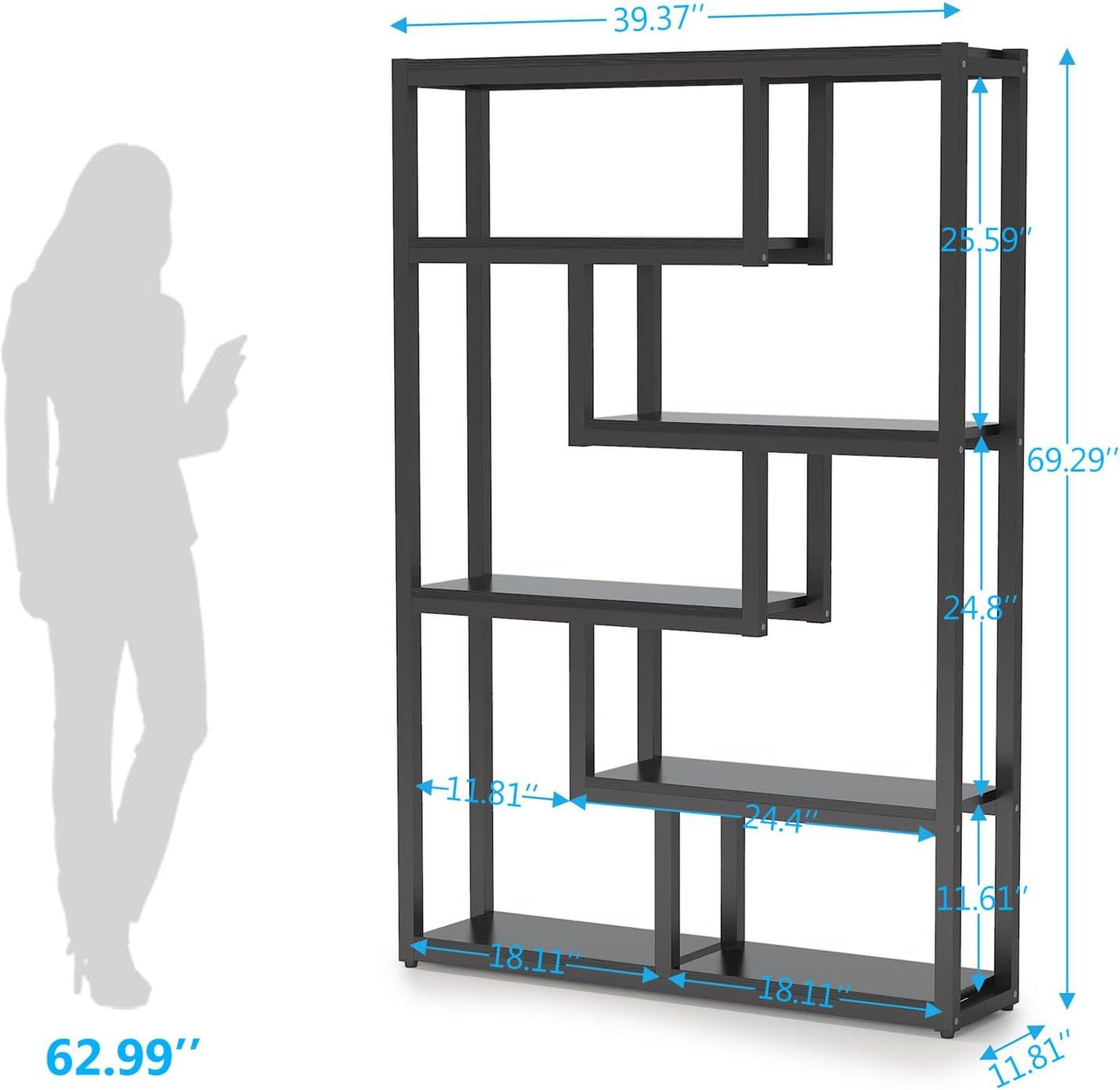 Industrial 6-Tier Bookshelf with Dark Walnut Shelves and Black Steel Frame