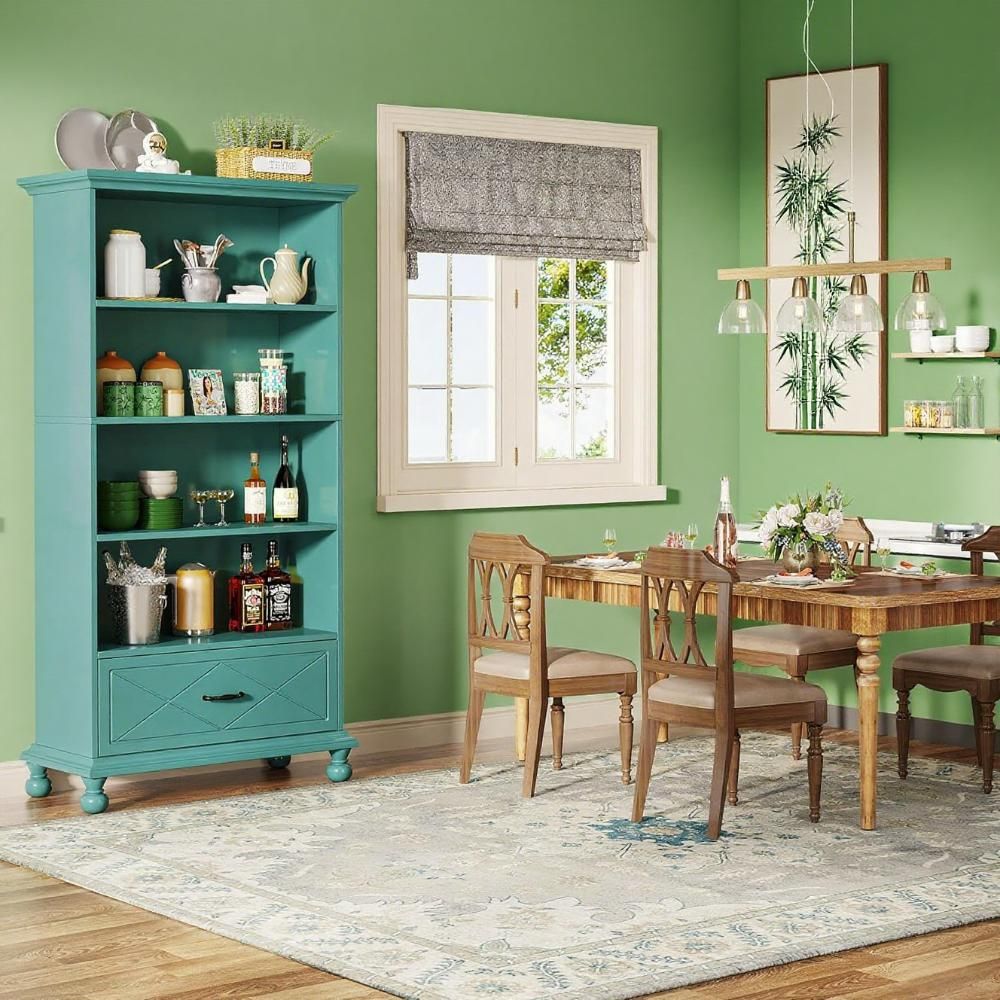 Freestanding Bookshelf with Drawer – Coastal Farmhouse Charm in Lake Blue