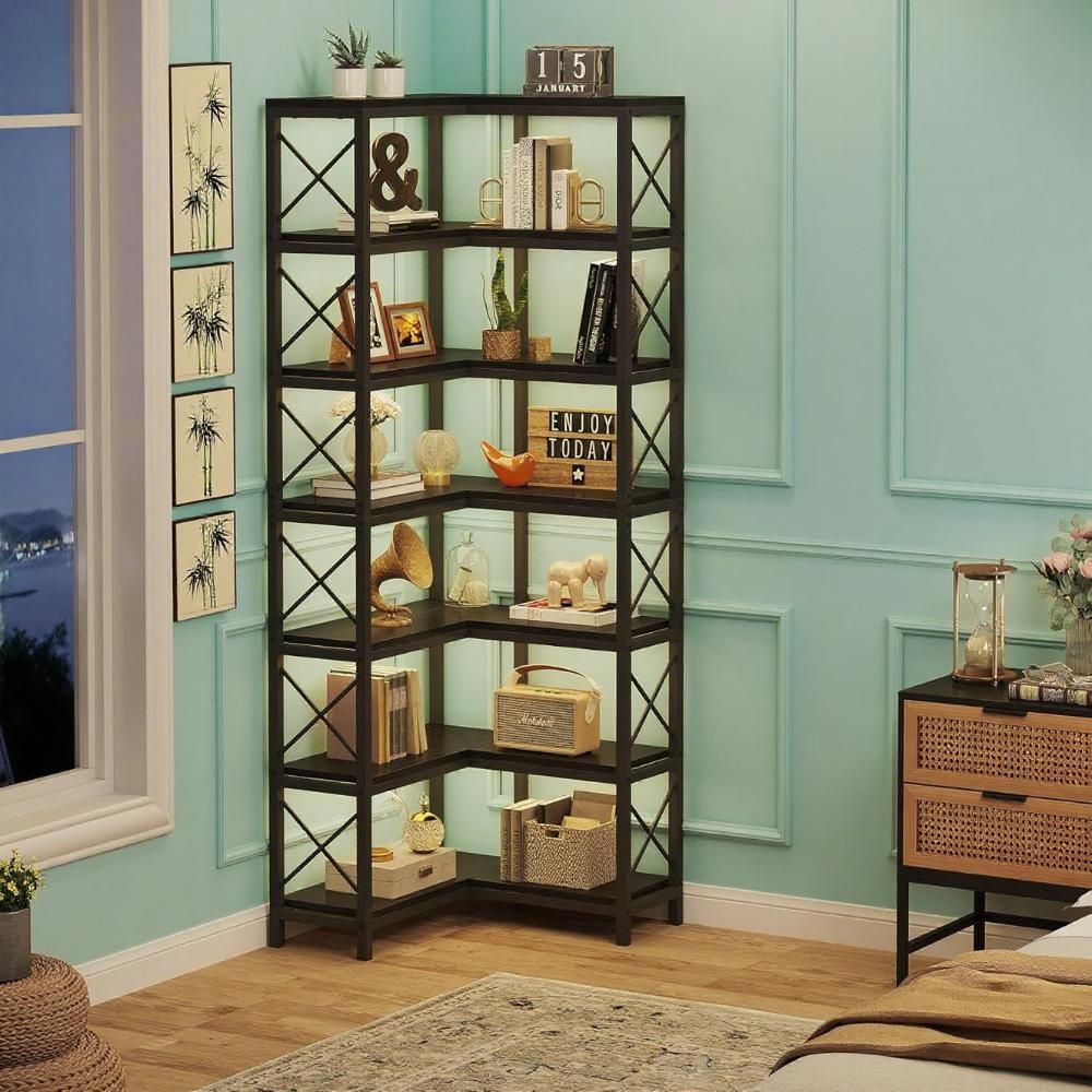 7-Tier Corner Bookshelf with Rustic Matte Black Frame
