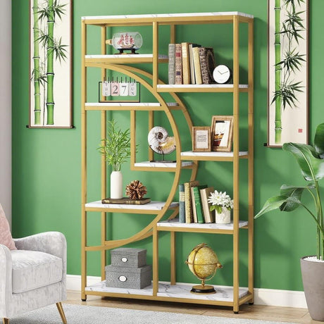 Geometric Bookshelf with 9 Open Shelves – Black & Rustic Brown