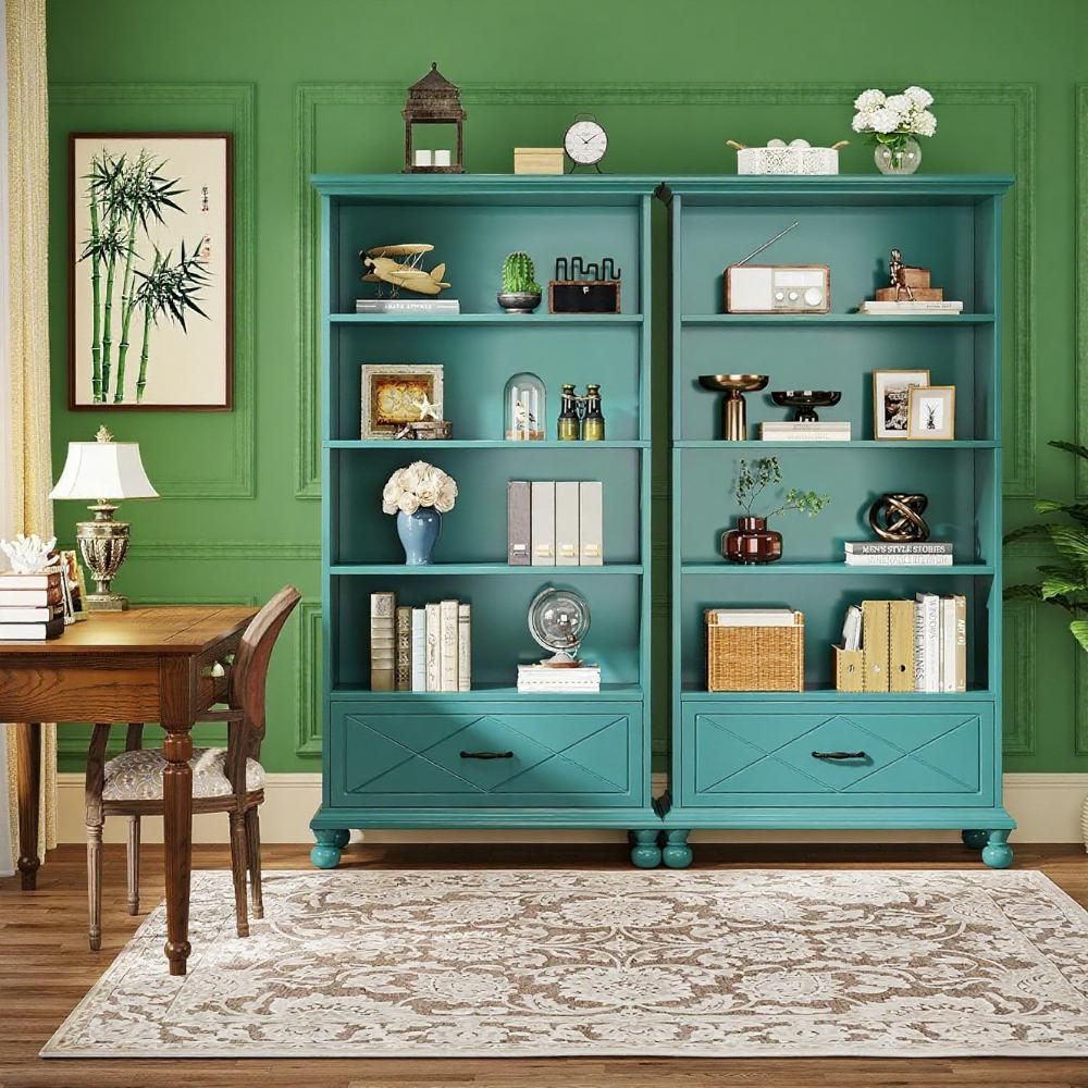 Freestanding Bookshelf with Drawer – Coastal Farmhouse Charm in Lake Blue