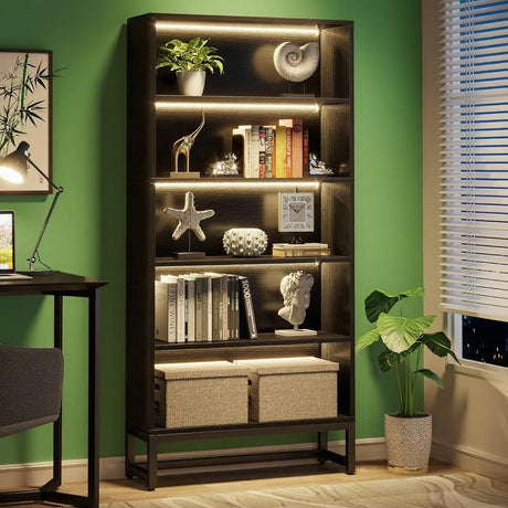 5-Tier Tall Bookshelf with LED Lighting and practical Metal Frame